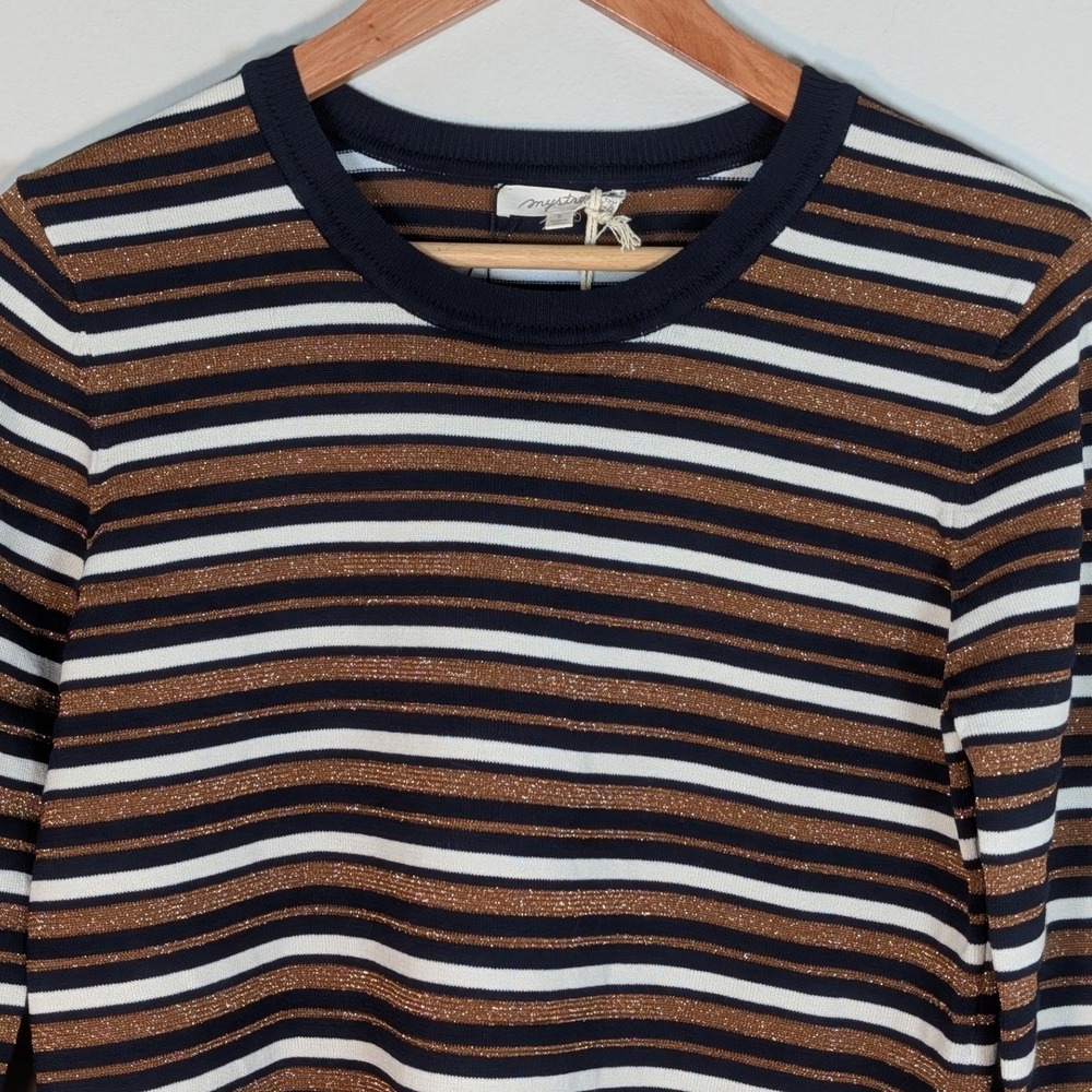 Mystree NWT Metallic Striped Knit Top Navy Copper White Lurex Sweater Small